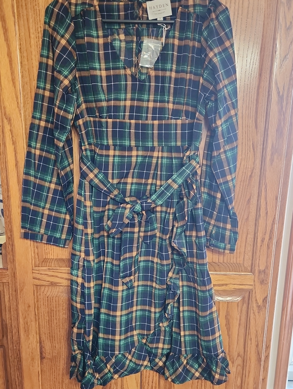 Hayden Green Plaid Midi Dress with Tie Waist